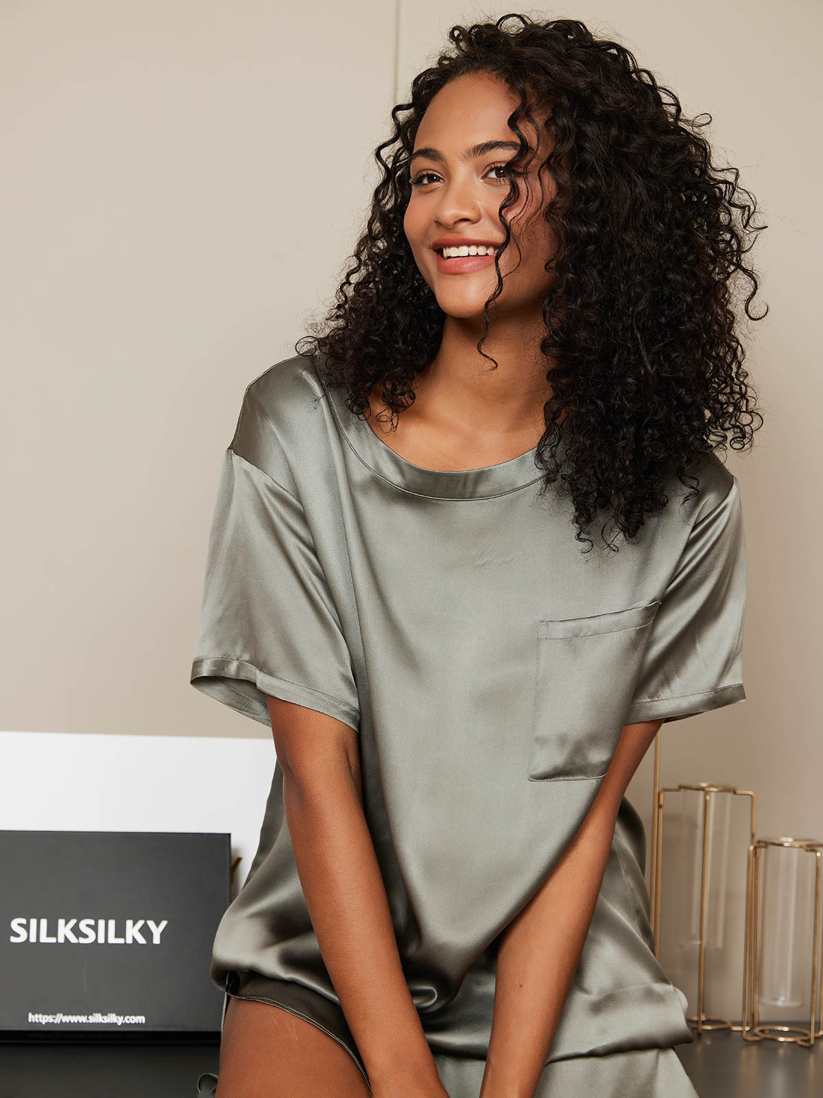 Ensemble Pyjama Court En Soie Oversize Pour Femmes
