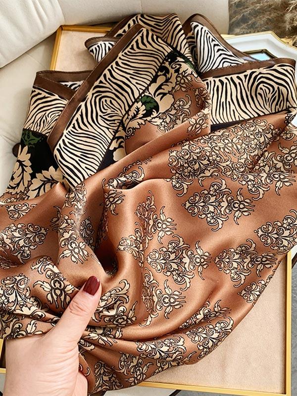 Foulard Carré en Soie Florale Marron 90