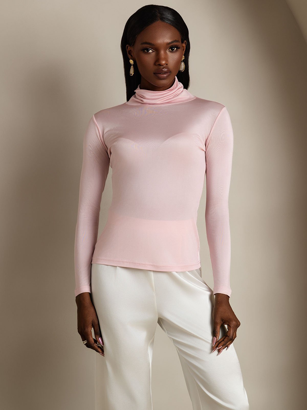 Haut à col montant en mélange de soie à manches longues T-shirt