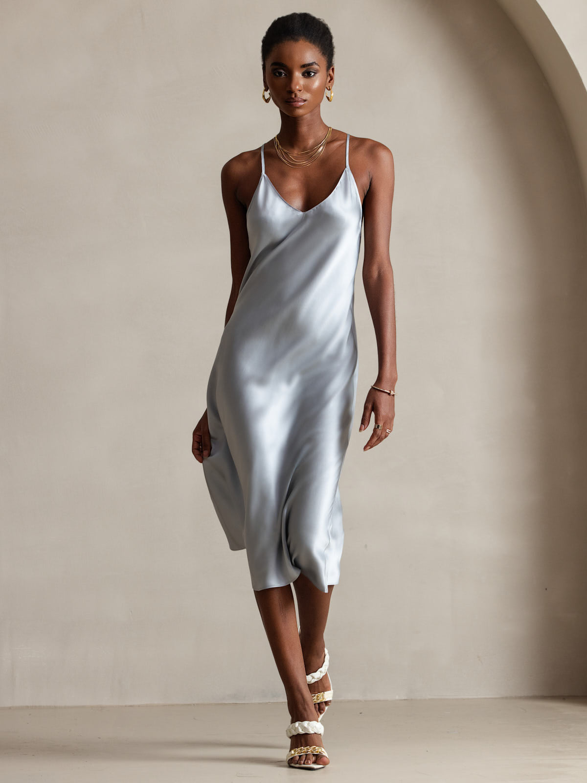 Pure Soie Bretelles Spaghetti dos Croisé Robe