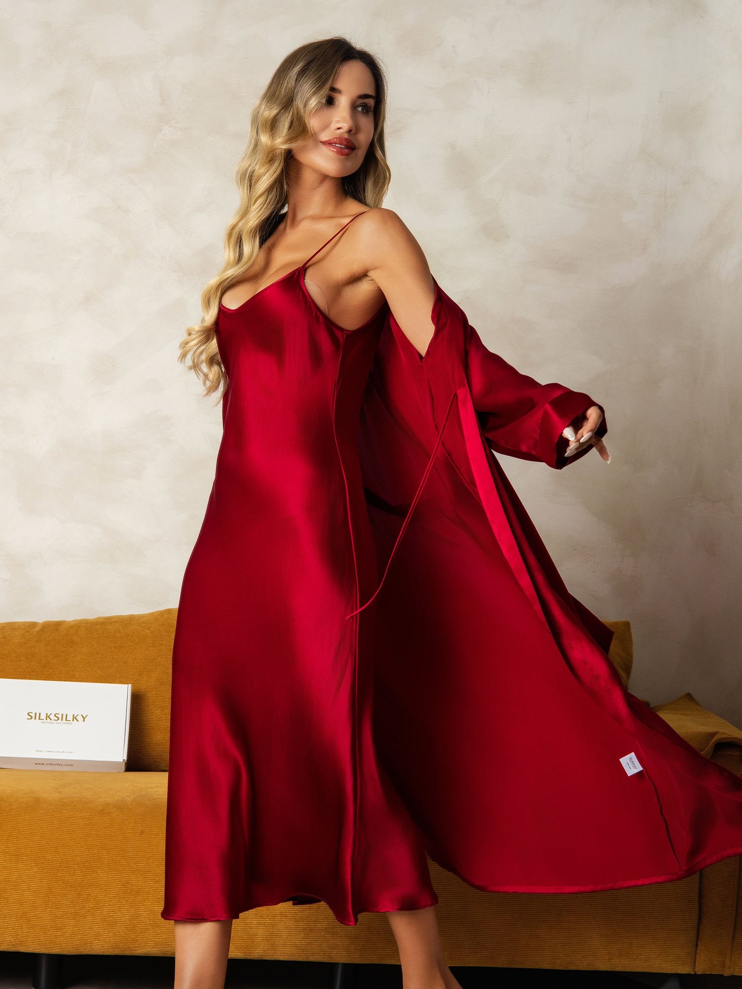 Soie Pure Col en V Longueur Midi Chemises de Nuit & Peignoir, Ensemble 2 Pièces